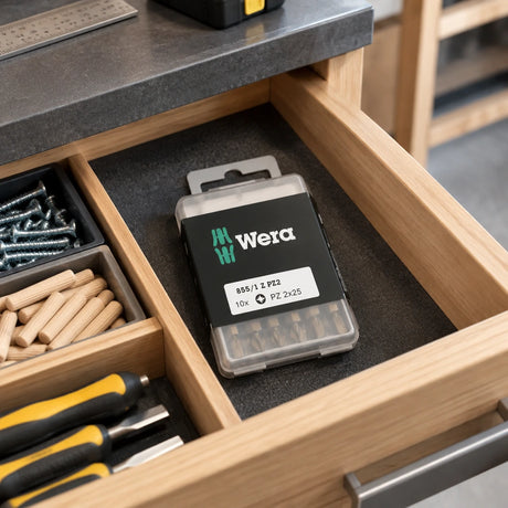 Closed Wera PZ2 screwdriver bit set stored in an organised joinery workshop drawer