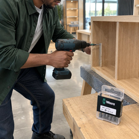 African American cabinet installer using a Wera PZ3 bit to fasten a Pozidriv screw into a retail display cabinet
