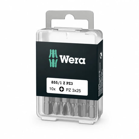 Wera 10-piece PZ3 25 mm screwdriver bit set in transparent handled storage case with branded sleeve on white background