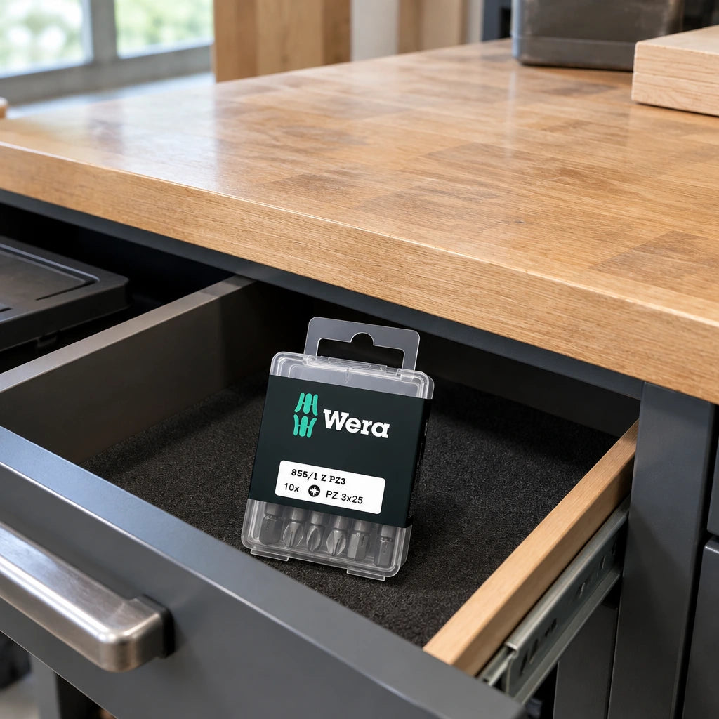 Closed Wera PZ3 screwdriver bit set stored in an organised joinery workshop accessory drawer