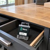 Closed Wera PZ3 screwdriver bit set stored in an organised joinery workshop accessory drawer
