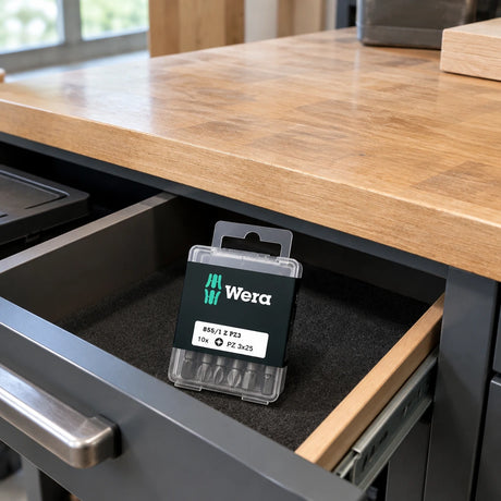 Closed Wera PZ3 screwdriver bit set stored in an organised joinery workshop accessory drawer