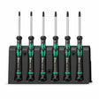Wera 6-piece 2067/6 TORX BO precision screwdriver set with six security TORX drivers in black storage rack on white background