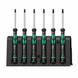Wera 6-piece 2067/6 TORX BO precision screwdriver set with six security TORX drivers in black storage rack on white background