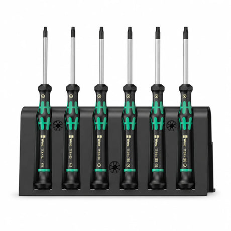 Wera 6-piece 2067/6 TORX BO precision screwdriver set with six security TORX drivers in black storage rack on white background