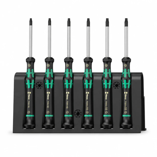 Wera 6-piece 2067/6 TORX BO precision screwdriver set with six security TORX drivers in black storage rack on white background