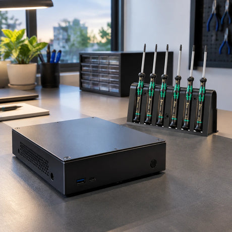 Completed compact equipment housing beside the Wera 6-piece security TORX screwdriver set in an organised inspection area