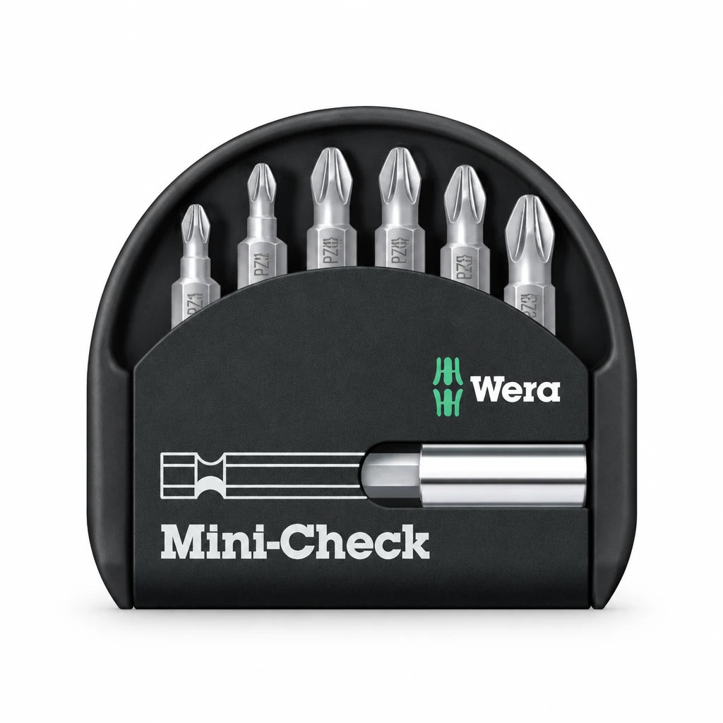 Wera Mini-Check six-piece Pozidriv screwdriver bit set with bit holder in black case on a white background