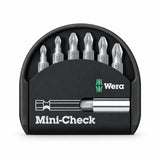 Wera Mini-Check six-piece Pozidriv screwdriver bit set with bit holder in black case on a white background