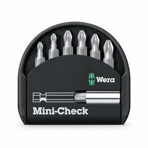 Wera Mini-Check six-piece Pozidriv screwdriver bit set with bit holder in black case on a white background