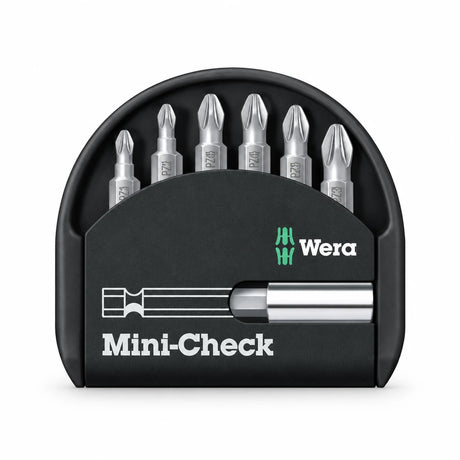 Wera Mini-Check six-piece Pozidriv screwdriver bit set with bit holder in black case on a white background