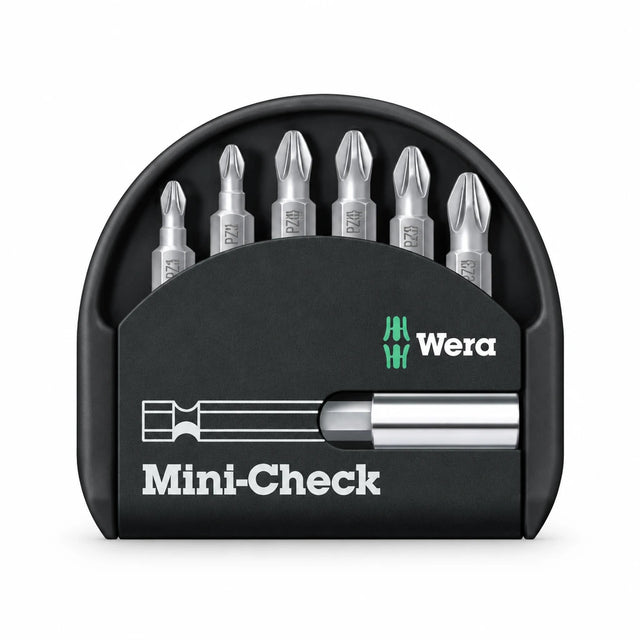 Wera Mini-Check six-piece Pozidriv screwdriver bit set with bit holder in black case on a white background