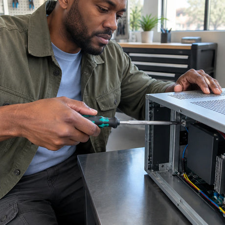 Maintenance technician drives a recessed equipment-housing screw with a Wera 65 mm PH2 bit