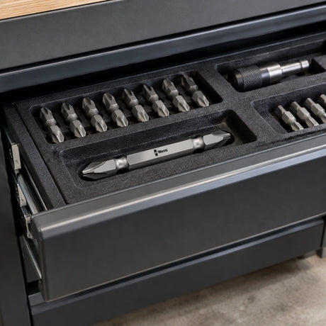 Wera extended PH2 screwdriver bit stored in an organised professional maintenance tool drawer