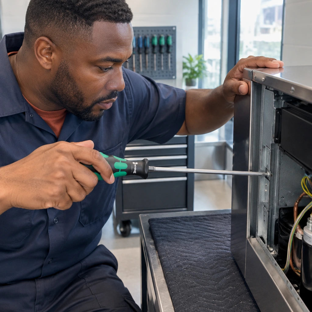 African American appliance technician using a Wera PH2 extended screwdriver on a recessed housing screw