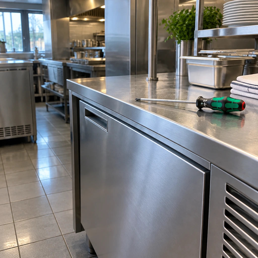 Closed stainless appliance housing ready for service with a Wera PH2 screwdriver nearby
