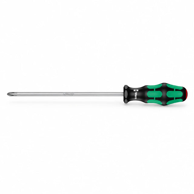 Wera PH2 Phillips screwdriver with long silver blade and black green ergonomic handle on white background