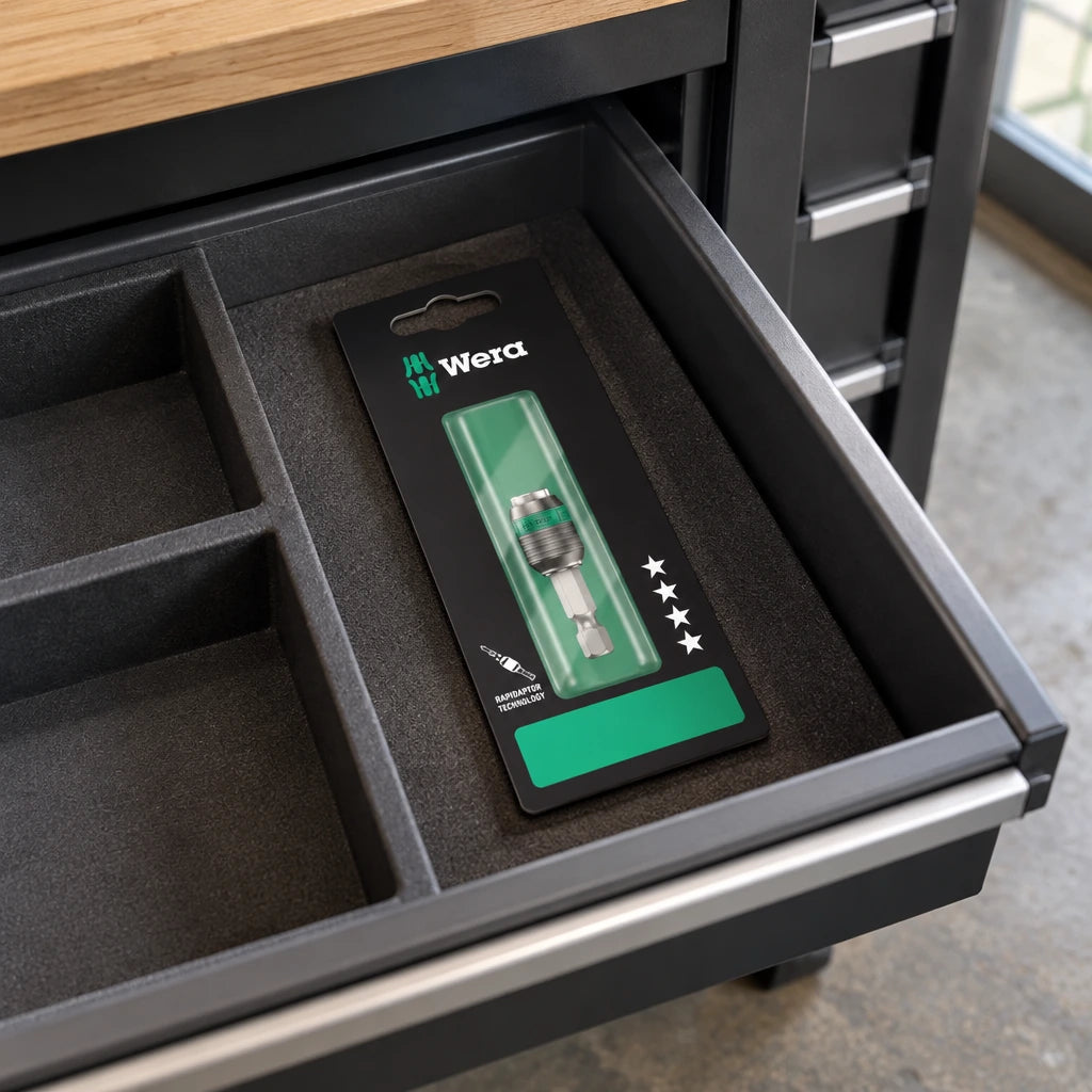 Packaged Wera Rapidaptor bit holder stored in an organised workshop tool cabinet drawer