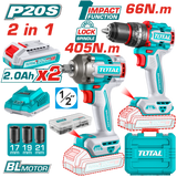 Total 20V 2-Piece Cordless Combo Kit with 66Nm Impact Drill & 555Nm Breakaway Impact Wrench - TCKLI20286
