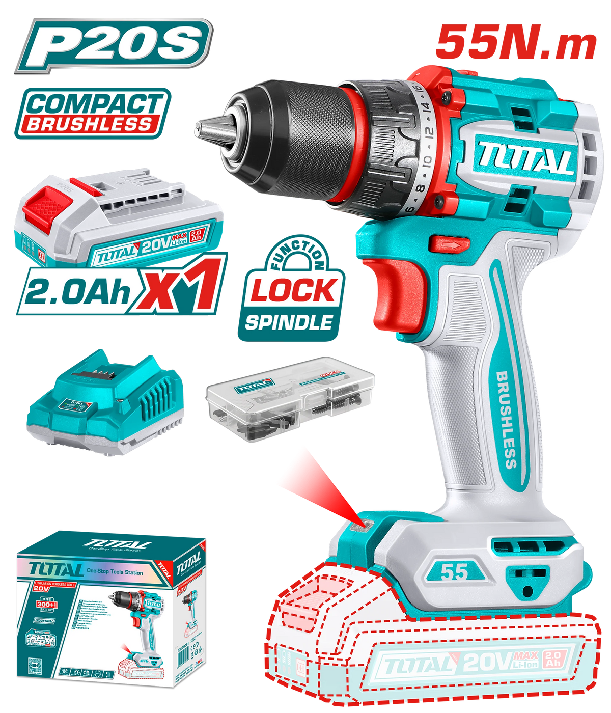 Total 20V Compact Brushless Cordless Drill Kit with 55Nm Maximum Torque - TDLI205582