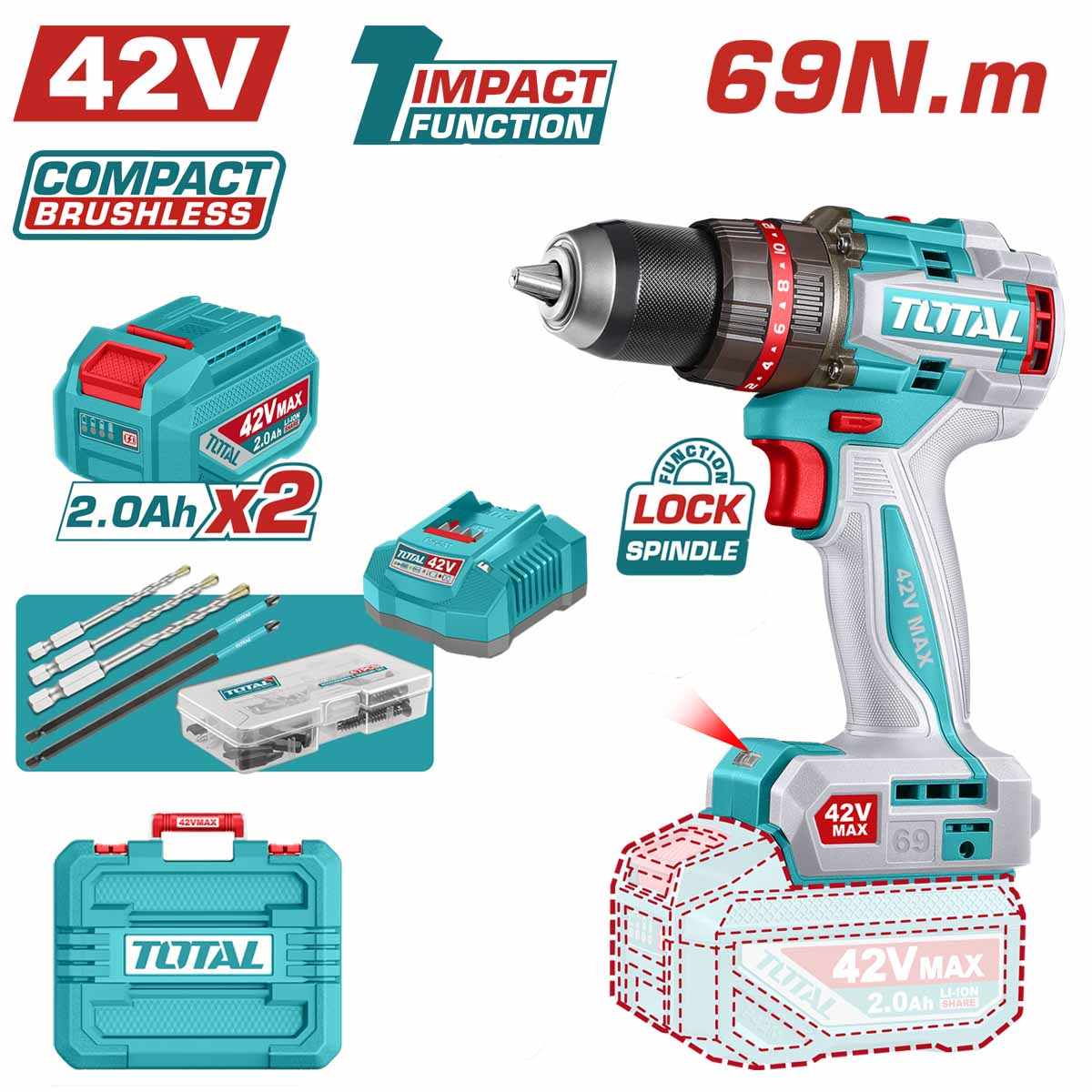 Total 42V Brushless Cordless Impact Drill Kit with 69Nm Maximum Torque - TIDLI426982