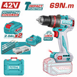 Total 42V Brushless Cordless Impact Drill Kit with 69Nm Maximum Torque - TIDLI426982