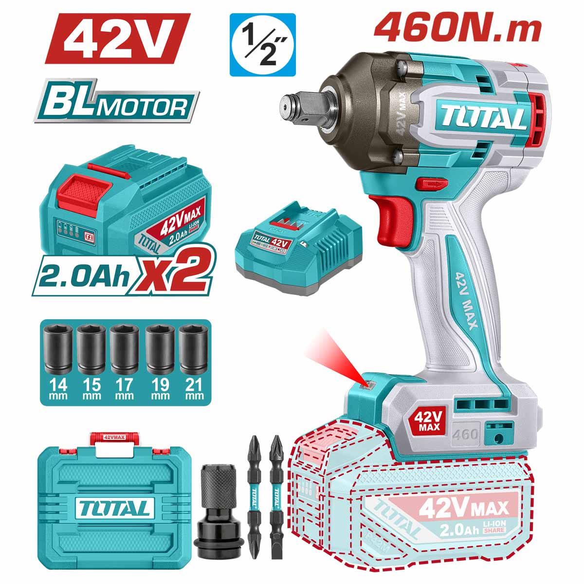 Total 42V Brushless Cordless Impact Wrench Kit with 600Nm Breakaway Torque - TIWLI42462