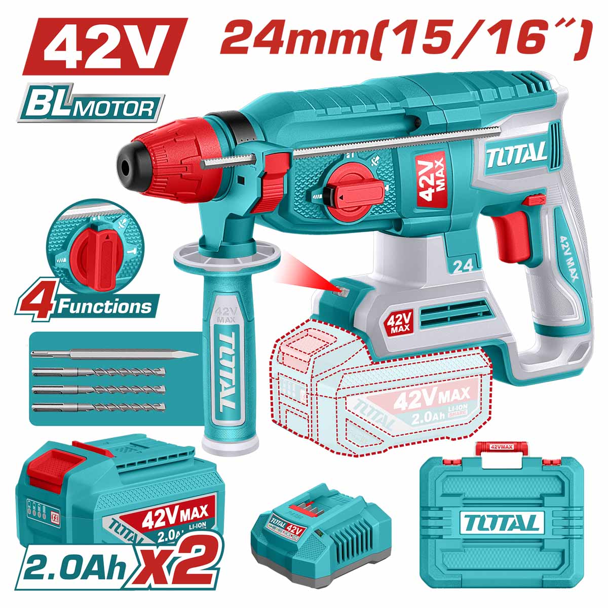 Total 42V Brushless Cordless Rotary Hammer Kit 24mm with 2.4J Impact Energy - TRHLI422482
