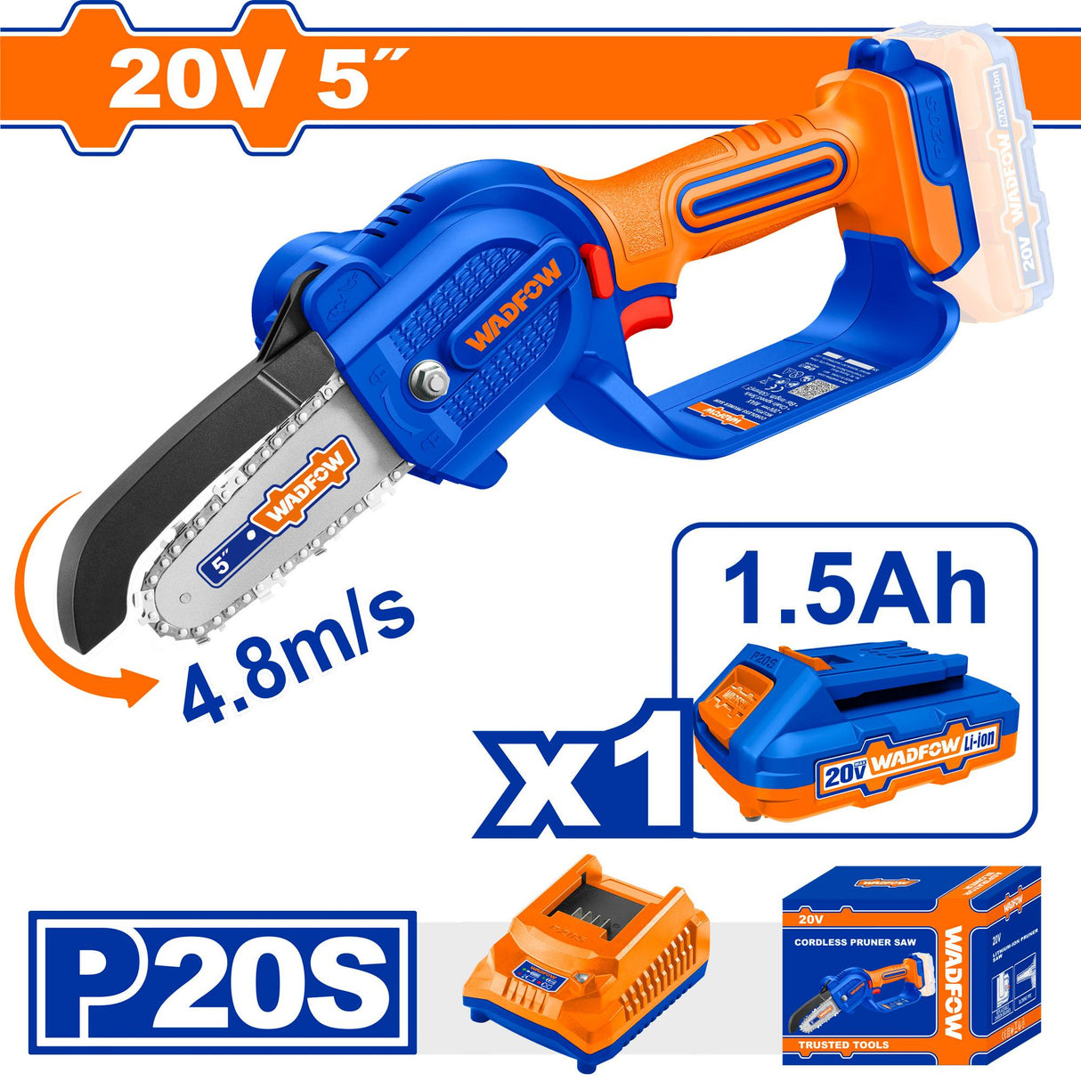 Wadfow 20V Lithium-Ion Cordless Pruner Saw with 5" Bar – WCLP552