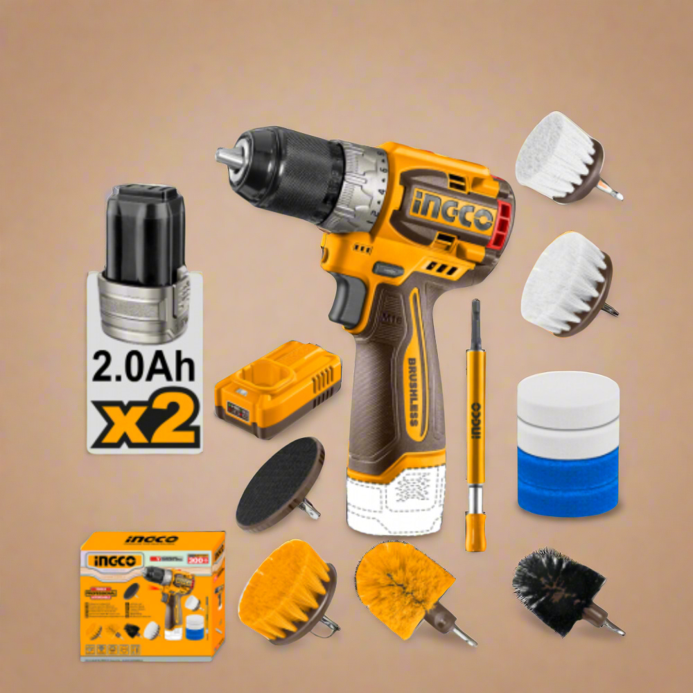 Ingco Lithium-Ion Cordless Drill 16V 60Nm + 2 Pieces 20V Batteries + 11 Pieces Cleaning Brush Set - COSLI240786