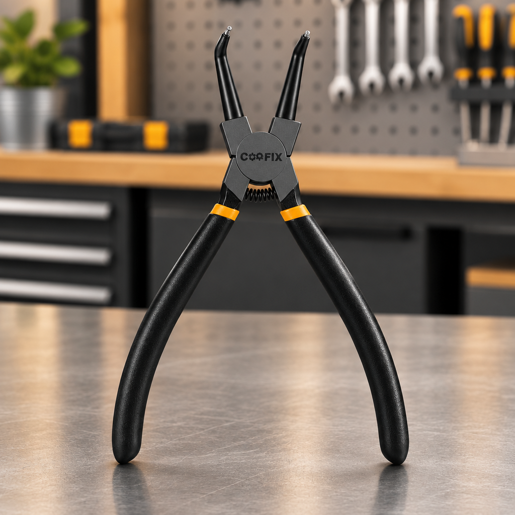 Bent-tip Coofix circlip pliers on a workshop table