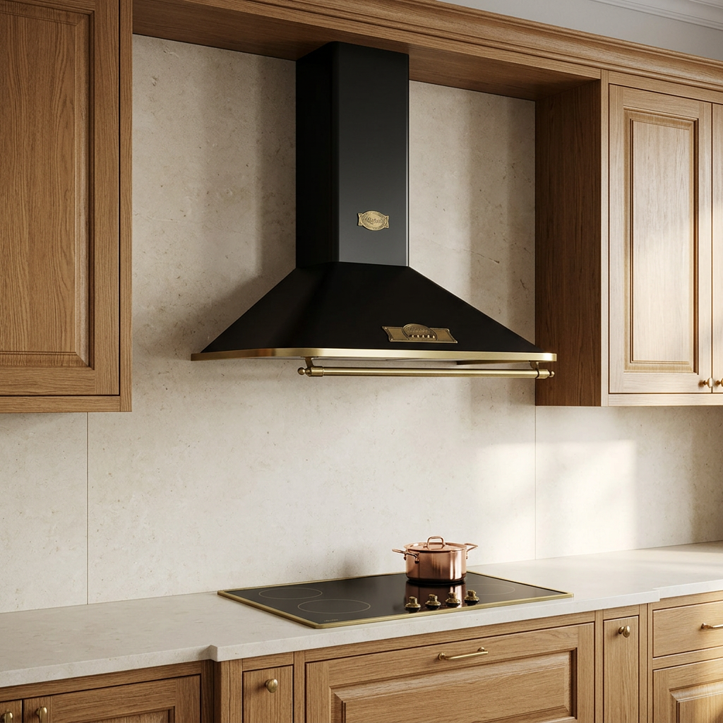 Black-and-brass cooker hood installed in a warm oak kitchen