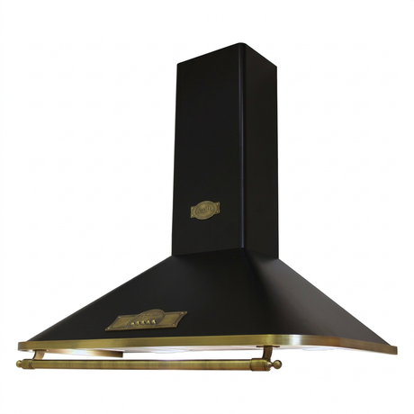 Black-and-brass cooker hood on a white background