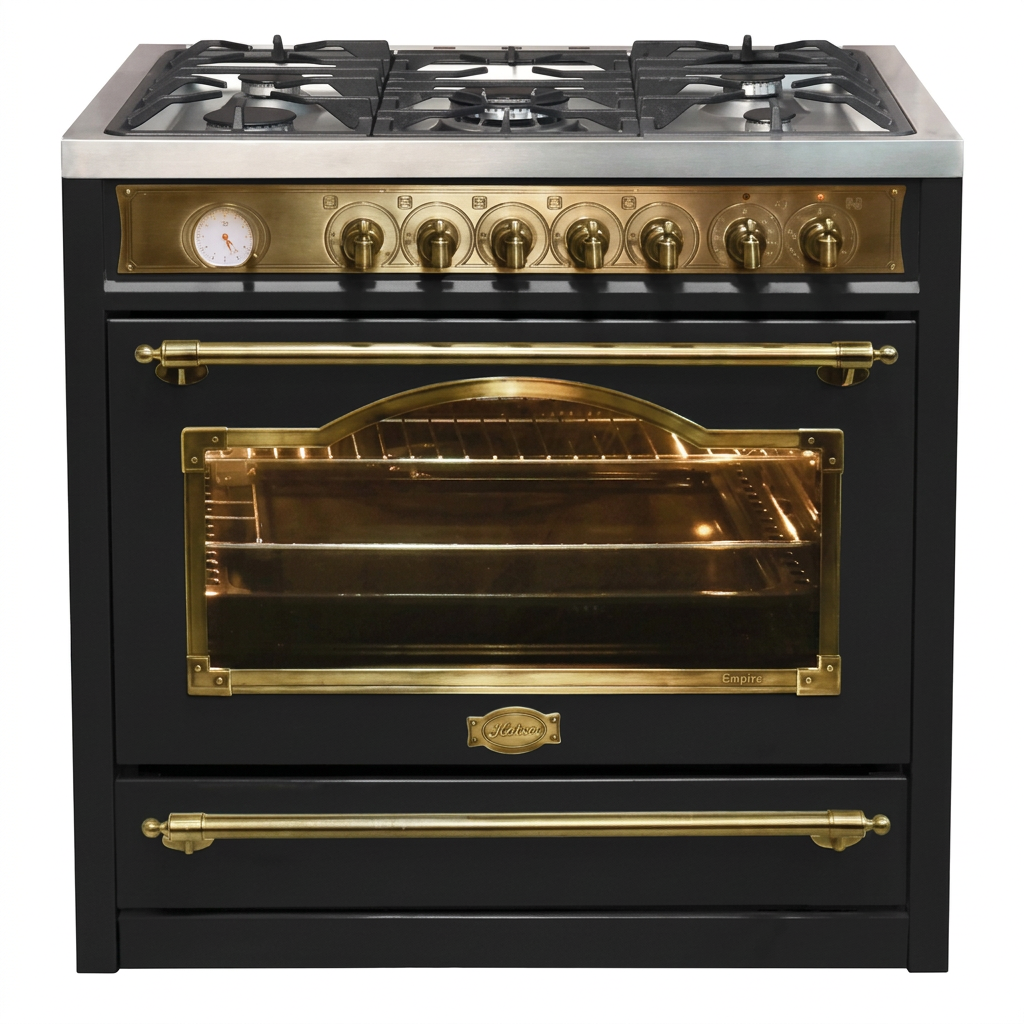 Black-and-brass Kaiser Empire range cooker on white