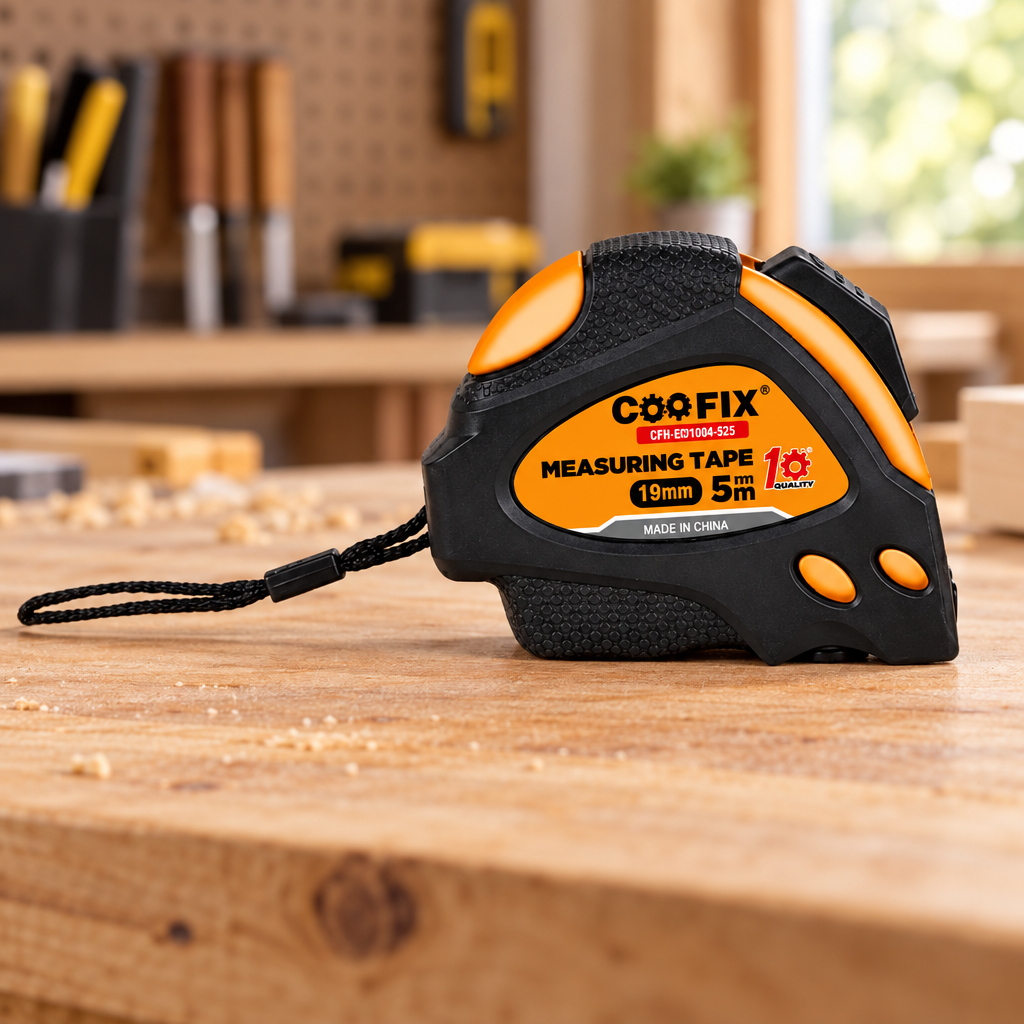 Black-and-orange Coofix tape measure on a workbench
