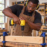 Black carpenter drilling clamped timber without a side handle