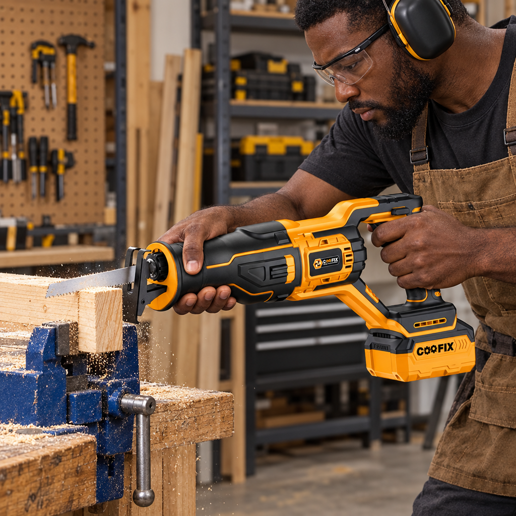 Black carpenter using the Coofix cordless reciprocating saw