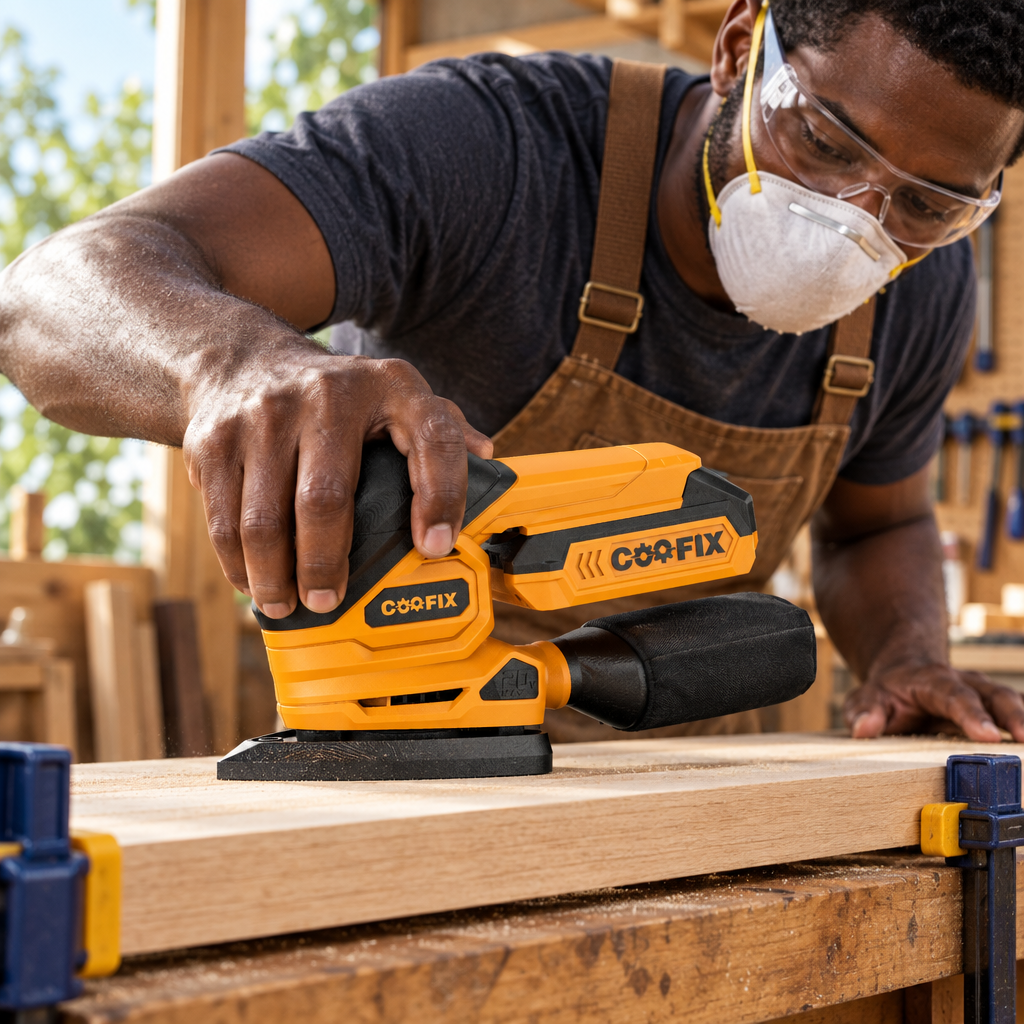 Black carpenter using the Coofix cordless sander on a secured board