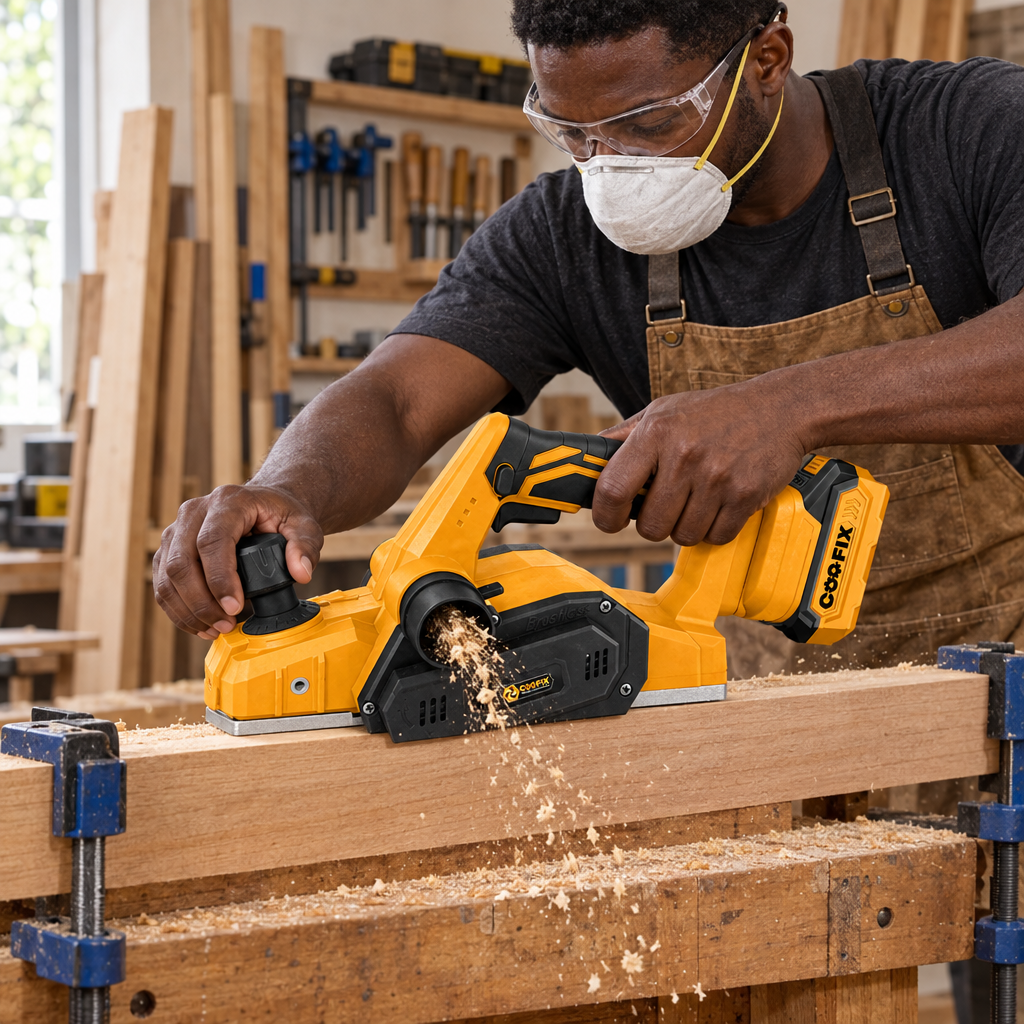 Black carpenter using the Coofix cordless wood planer