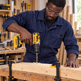 Black carpenter using the drill from the Coofix kit