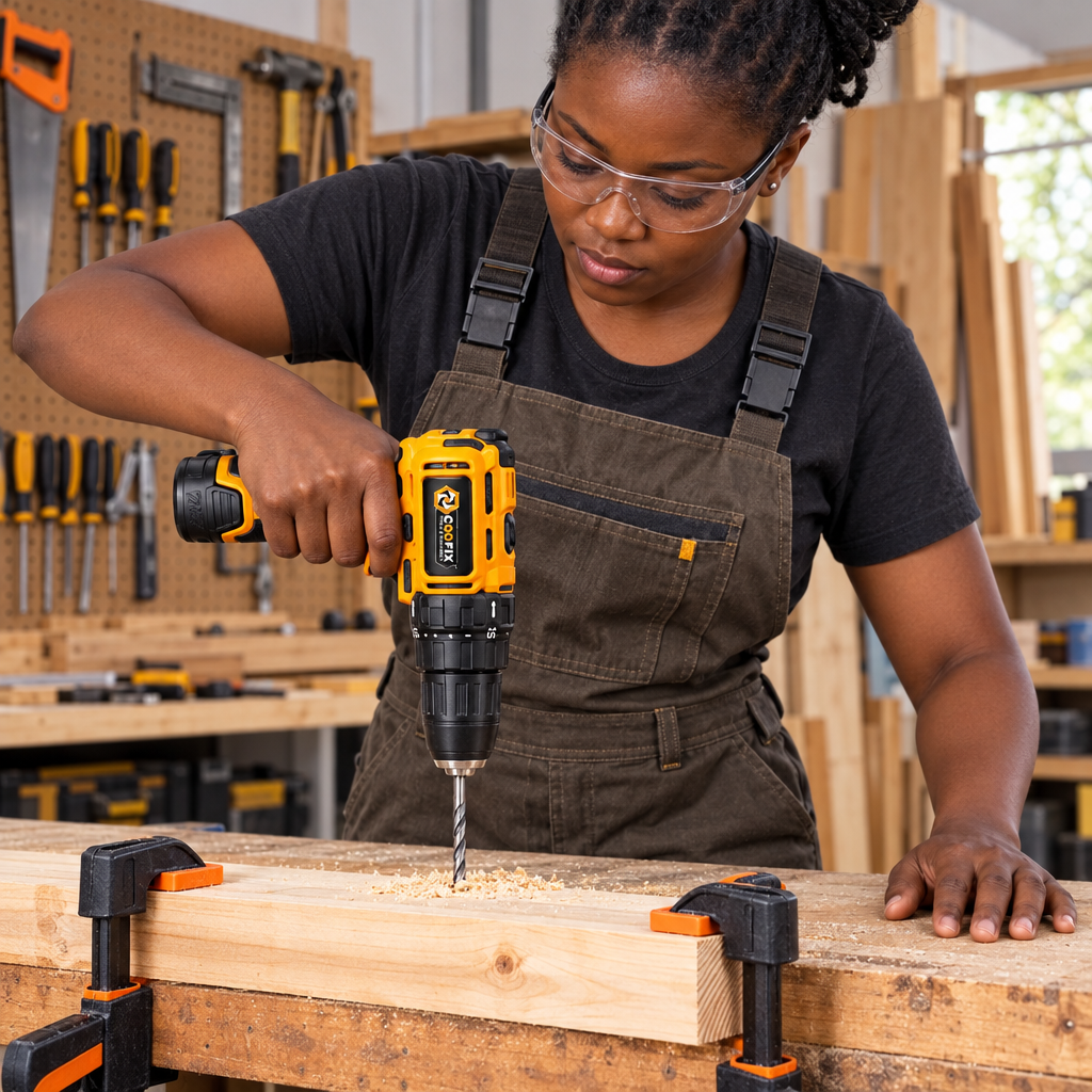 Black craftsperson drilling a clamped board with the Coofix 12 V drill