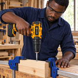 Black furniture maker driving a screw with a correctly shaped cordless drill