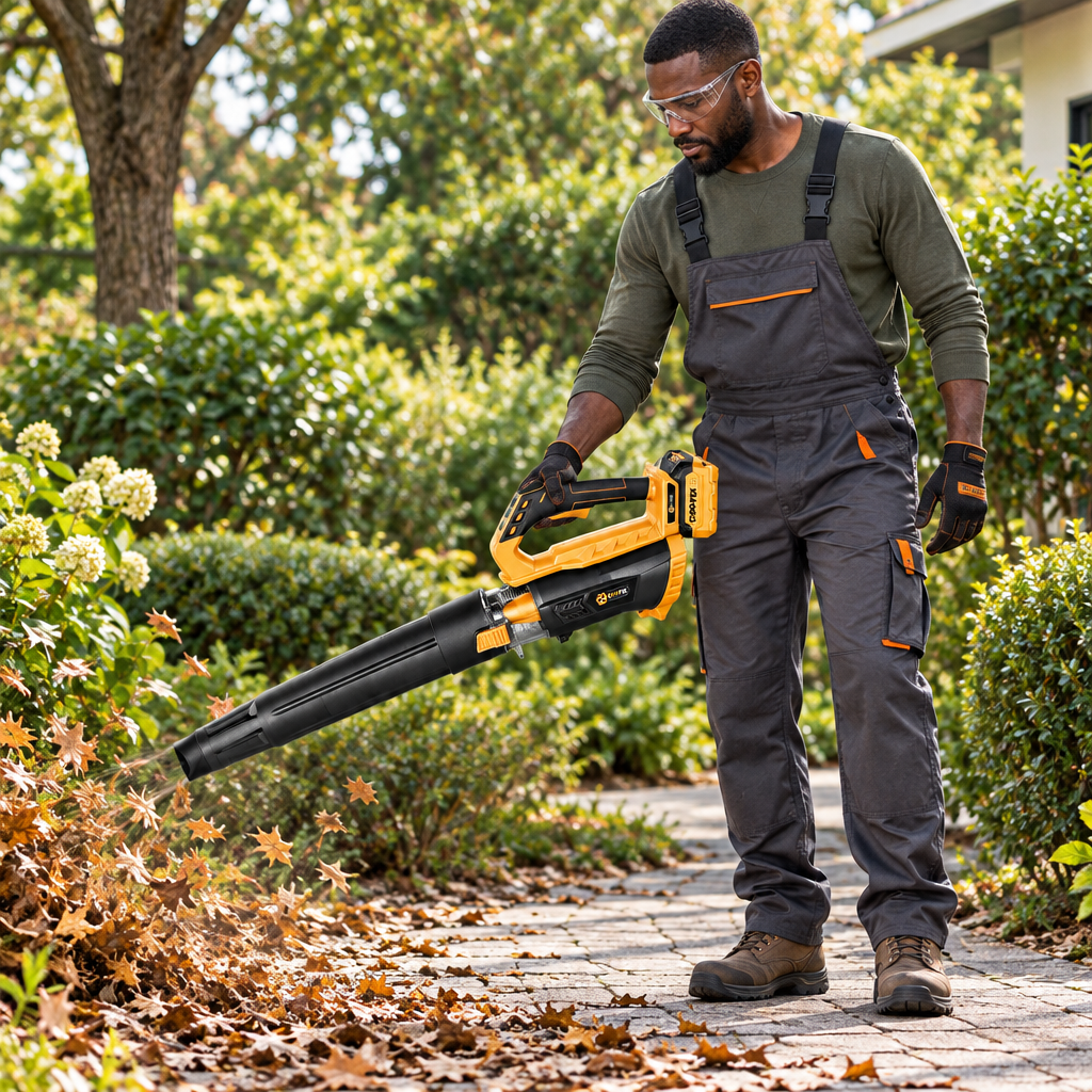Black gardener using the Coofix leaf blower with an attached battery