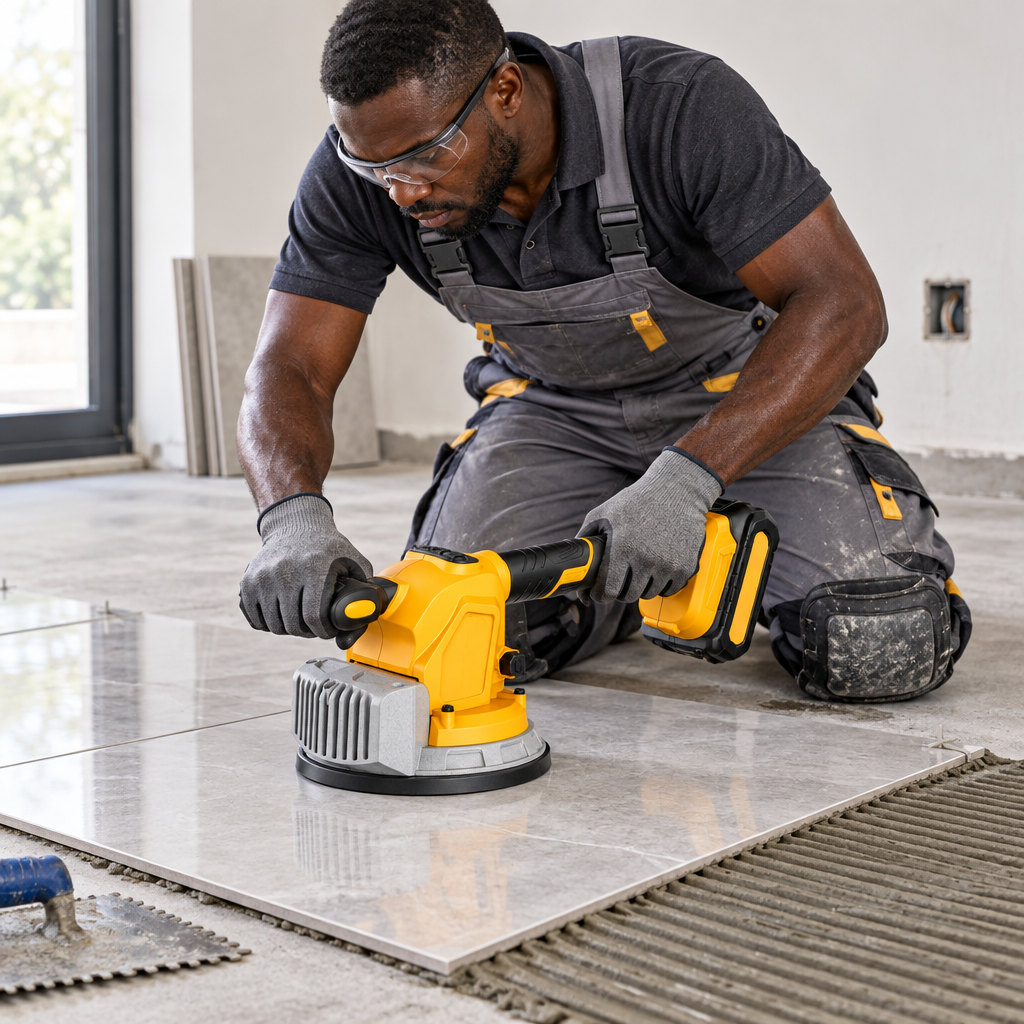 Black installer using the Coofix tile vibrator on a floor tile