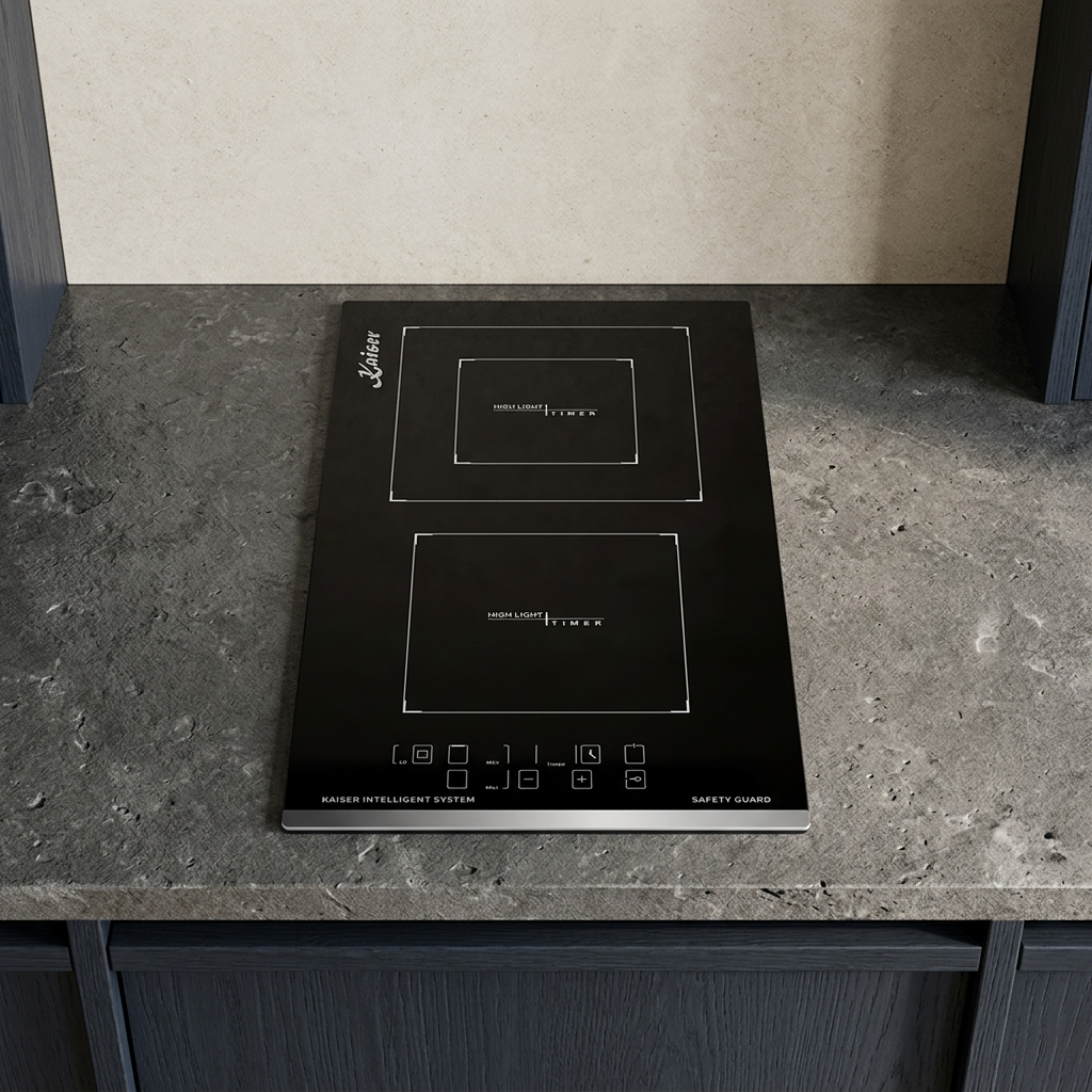 Black Kaiser ceramic hob installed in a compact kitchen
