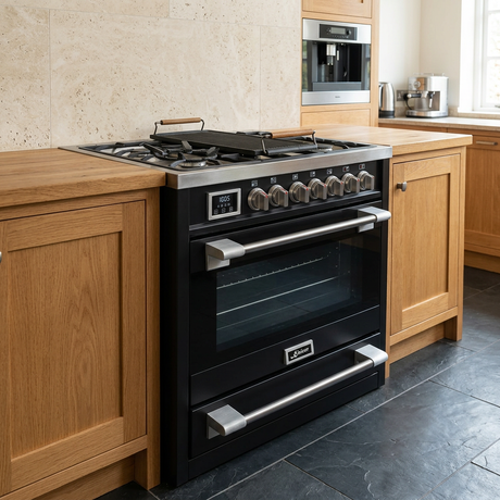 Black Kaiser cooker in an oak-and-stone kitchen
