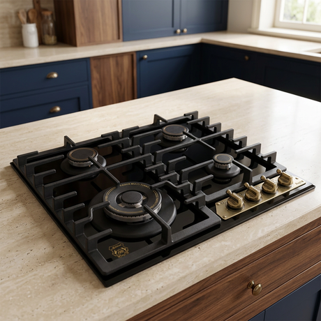 Black Kaiser Empire hob installed in a navy and walnut kitchen