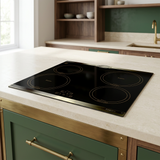Black Kaiser Empire induction hob installed in a green and walnut kitchen