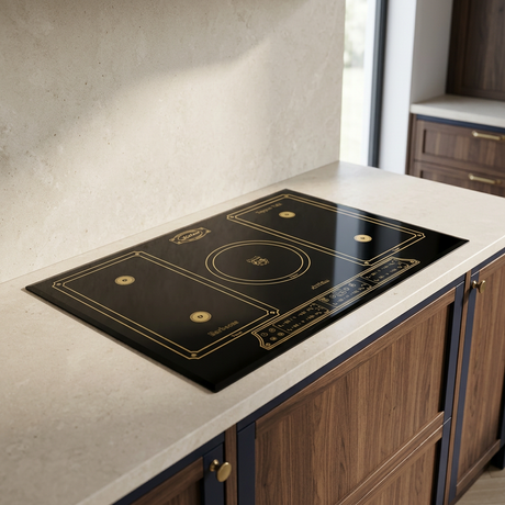 Black Kaiser Empire induction hob installed in a walnut kitchen