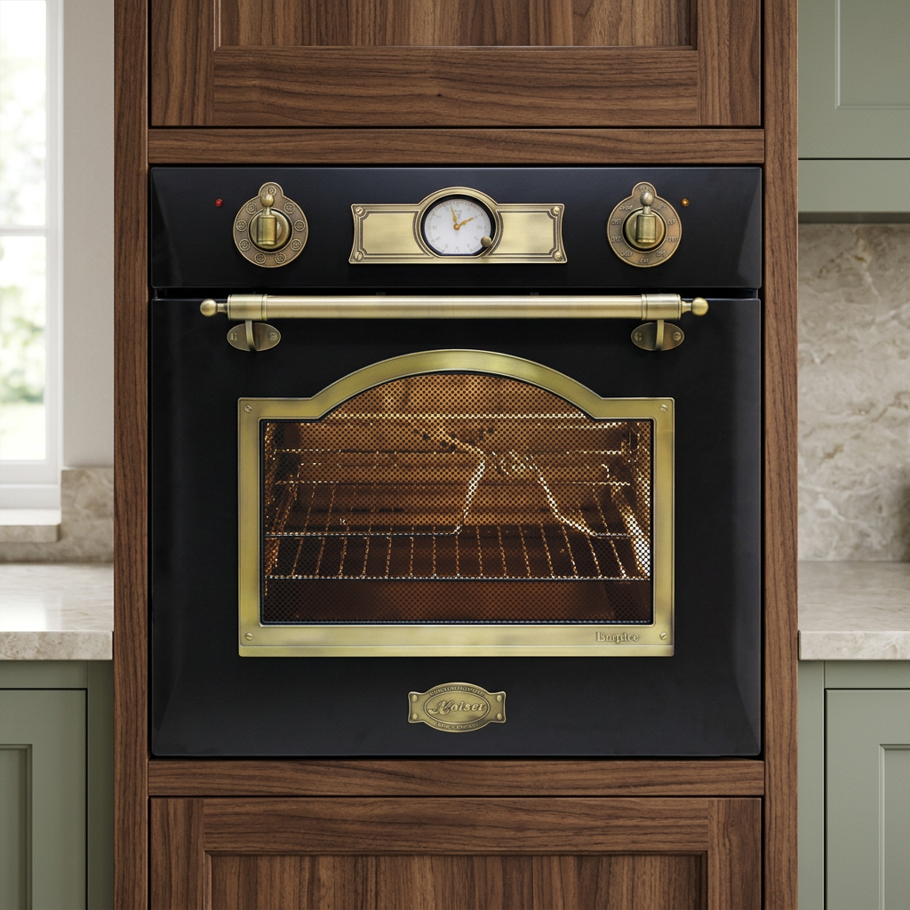 Black Kaiser Empire oven built into walnut cabinetry